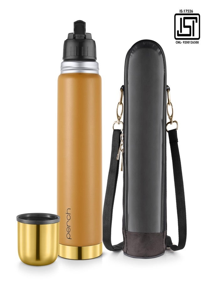 Perch California Hot and Cold Steel Water Bottle 1 LTR, ISI Certified, Vacuum Insulated with Transparent Black Bag | Leak Proof, BPA-Free | Premium Gifting Flask for Office, School, Gym | Gold-Amber - Image 2